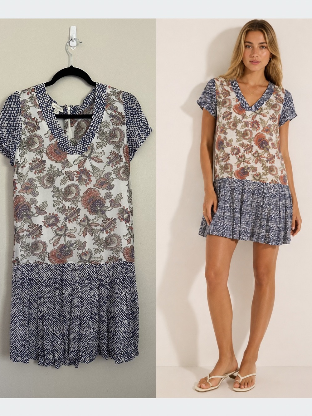 Monsoon Mixed Print Drop Waist Mini Dress Boho Floral Size 4 Cottagecore Indie